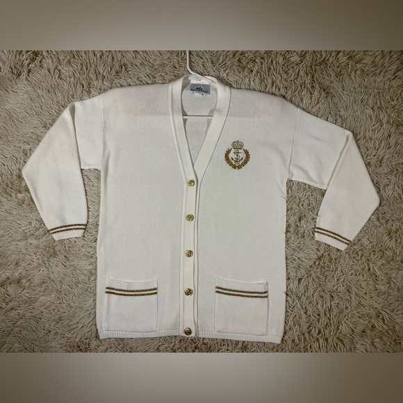 M Vintage‎ 90’s Bay Point Threads White Gold Crest Cardigan Sweater Women’s USA - Picture 1 of 15